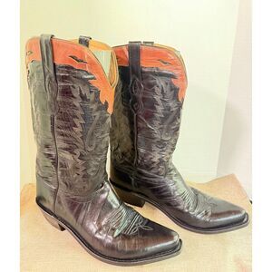 Old West Men's 11D Black Leather Western Cowboy Boots Square Toe Two Tone